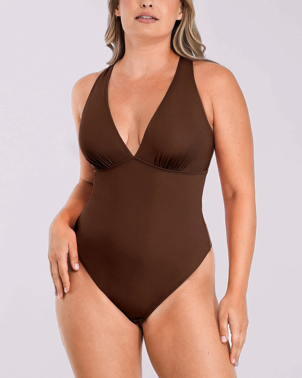 Bare Essentials™ AirSlim® Deep V-Neck Cross Back Thong Bodysuit